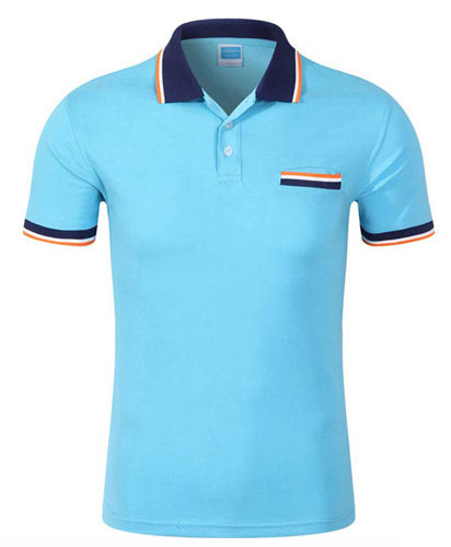 浅蓝色翻领带口袋T恤衫定制款式图片