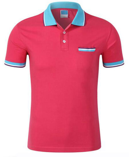 玫红色翻领带口袋T恤衫定制款式图片