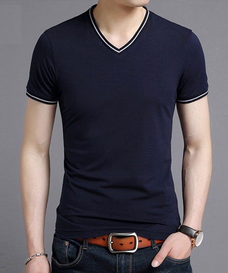高档藏青色V领T恤定做款式模版图