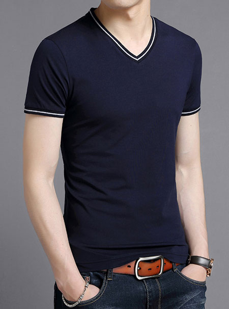 藏青色V领T恤定制款式模版图二