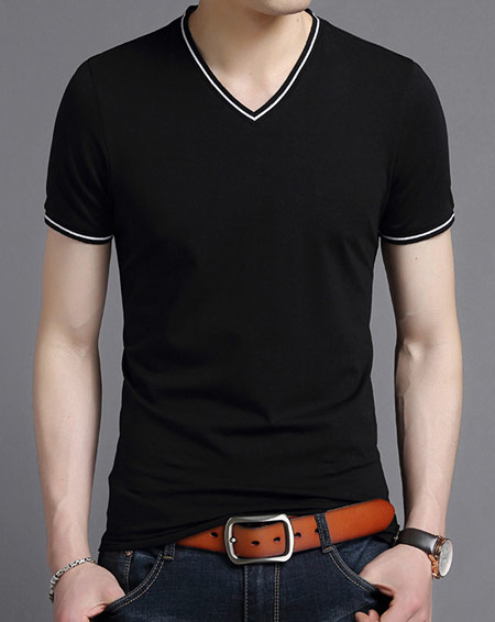 纯黑色V领T恤衫定制模特气质效果图