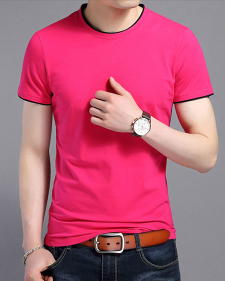 短袖圆领T恤衫定做款式:玫红色嵌黑边模板效果图