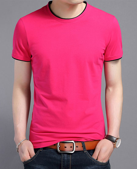 短袖圆领T恤衫定做款式:玫红色嵌黑边模板效果图二