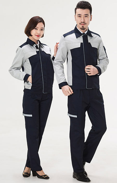 灰色配藏青色定做工作服款式图