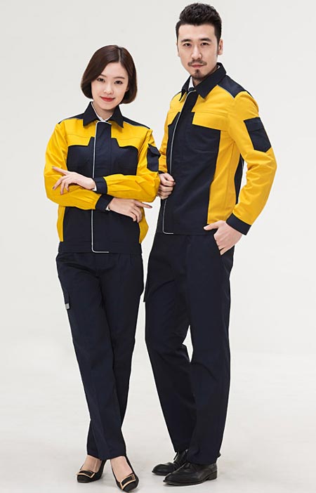 黄色撞色工作服定做款式模特效果图二