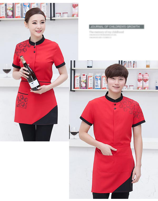 红色短袖餐饮服务员工作服订做款式图