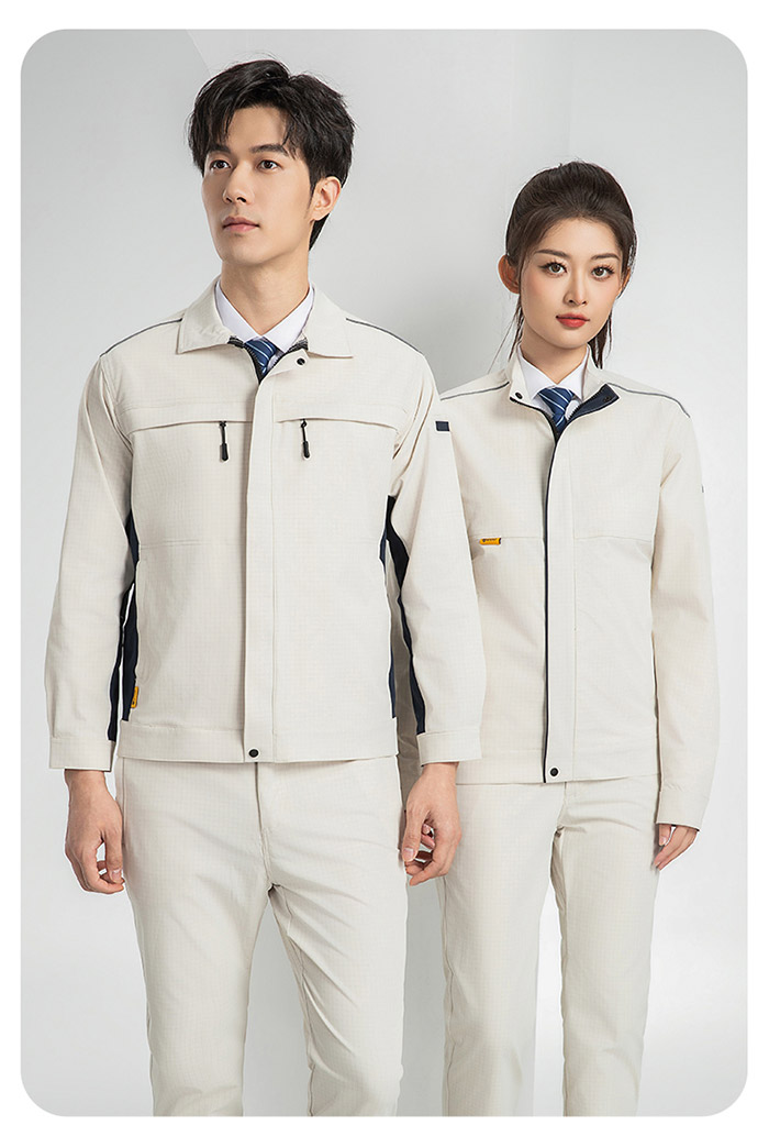 米白色新国标防静电服春秋工作服夹克正面展示图