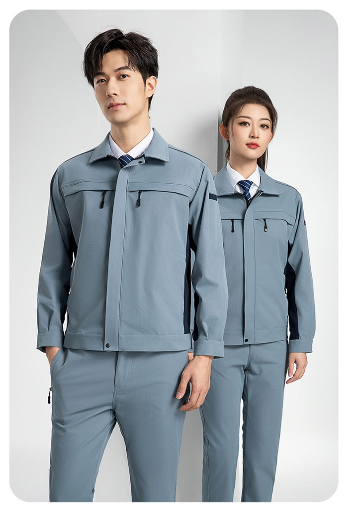 新国标防静电服春秋工作服夹克天蓝色颜色正面展示图