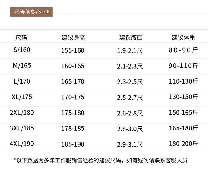 防静电短袖夹克尺寸数据表