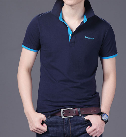 精棉莱卡高档POLO衫定做，藏青色搭配天蓝色款式图