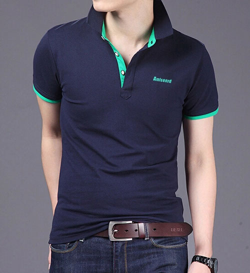 精棉莱卡高档POLO衫定做，藏青色搭配薄荷绿款式图
