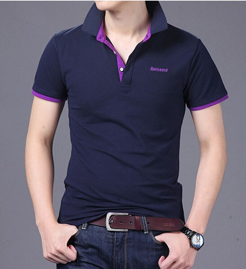 精棉莱卡高档POLO衫定做，藏青色搭配紫色款式图