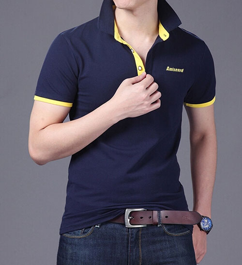 精棉莱卡高档POLO衫定做，藏青色搭配黄色效果款式图