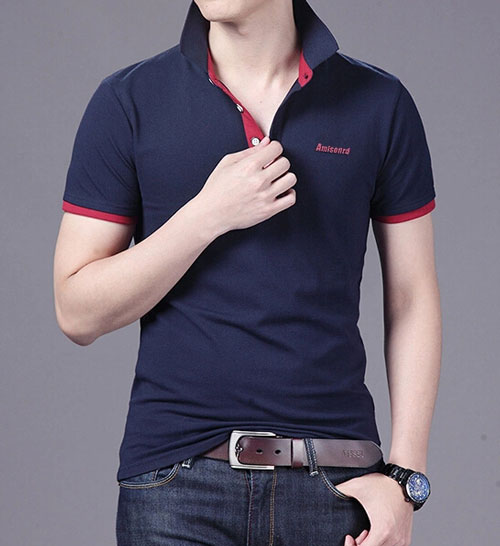 精棉莱卡高档POLO衫定做，藏青色搭配暗红色效果款式图