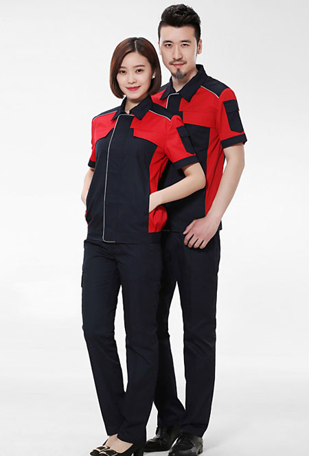 红兰撞色短袖工衣制作款式模板图