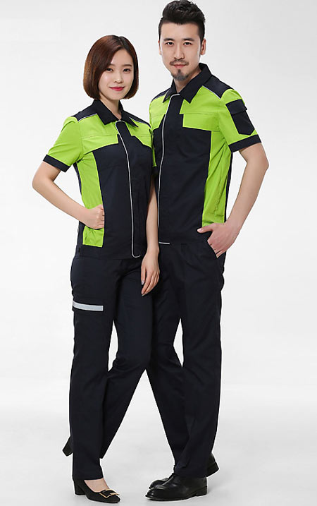 短袖绿色工衣订做款式模板图