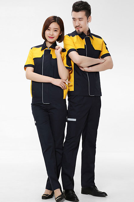黄色搭配深蓝色定做短袖工衣款式模板图二