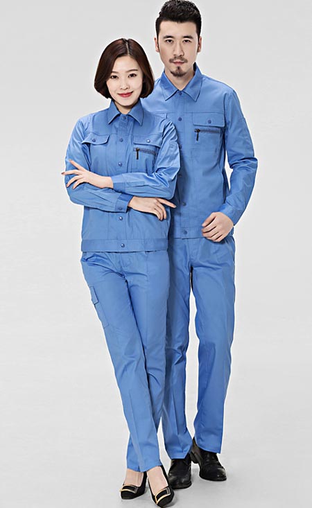 天蓝色长袖工作服套装定做款式模板图二