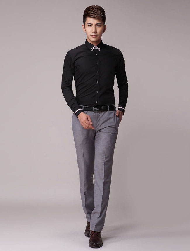 黑色嵌花边修身男士衬衫定制正面款式图片