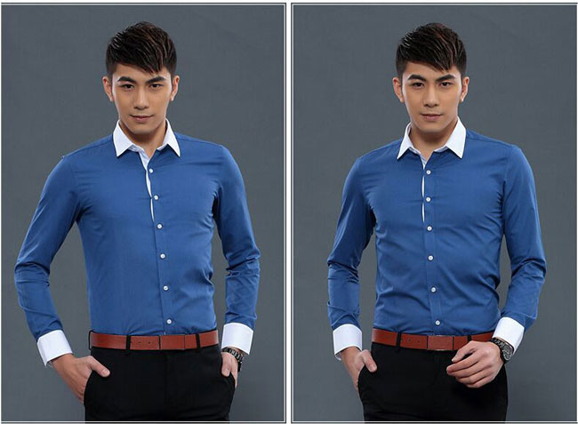 深蓝色配白领衬衫定制模特正面款式图片