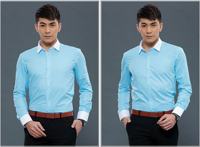 浅湖蓝配白色领职业衬衫工作服订做模特效果图片