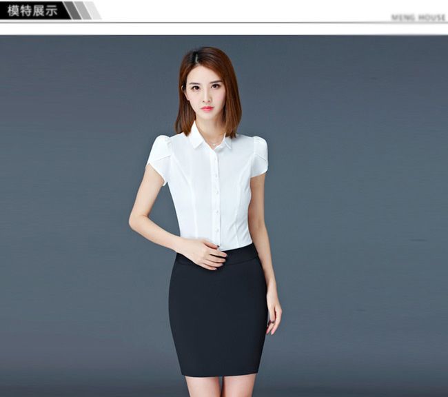 白色定做短袖女衬衫款式模特展示图