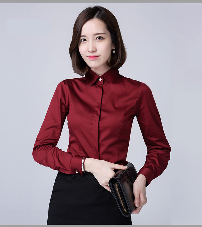 娃娃领长袖女衬衫订做红色款式图