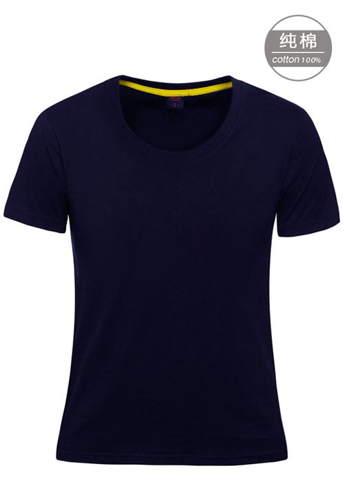 藏青色纯棉短袖女圆领T恤衫