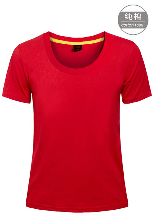 红色纯棉短袖女圆领文化衫定做