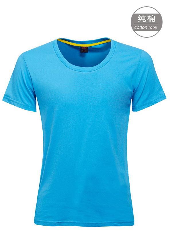湖蓝色纯棉短袖女圆领T恤衫