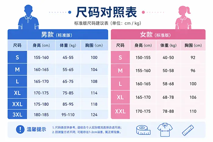 牧迪亚服饰工作服尺码对照表